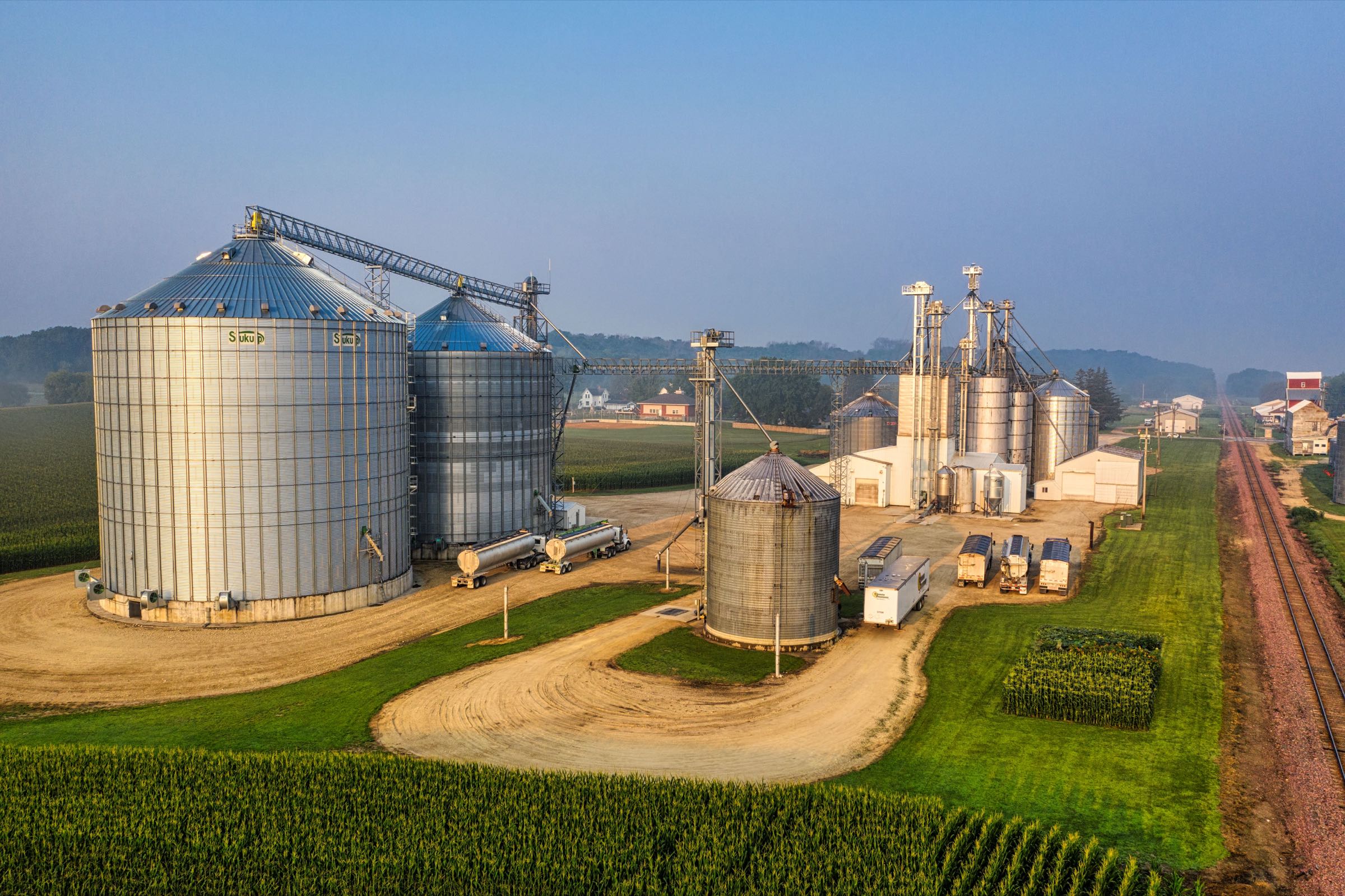 Aerial view of a grain facility at golden hour