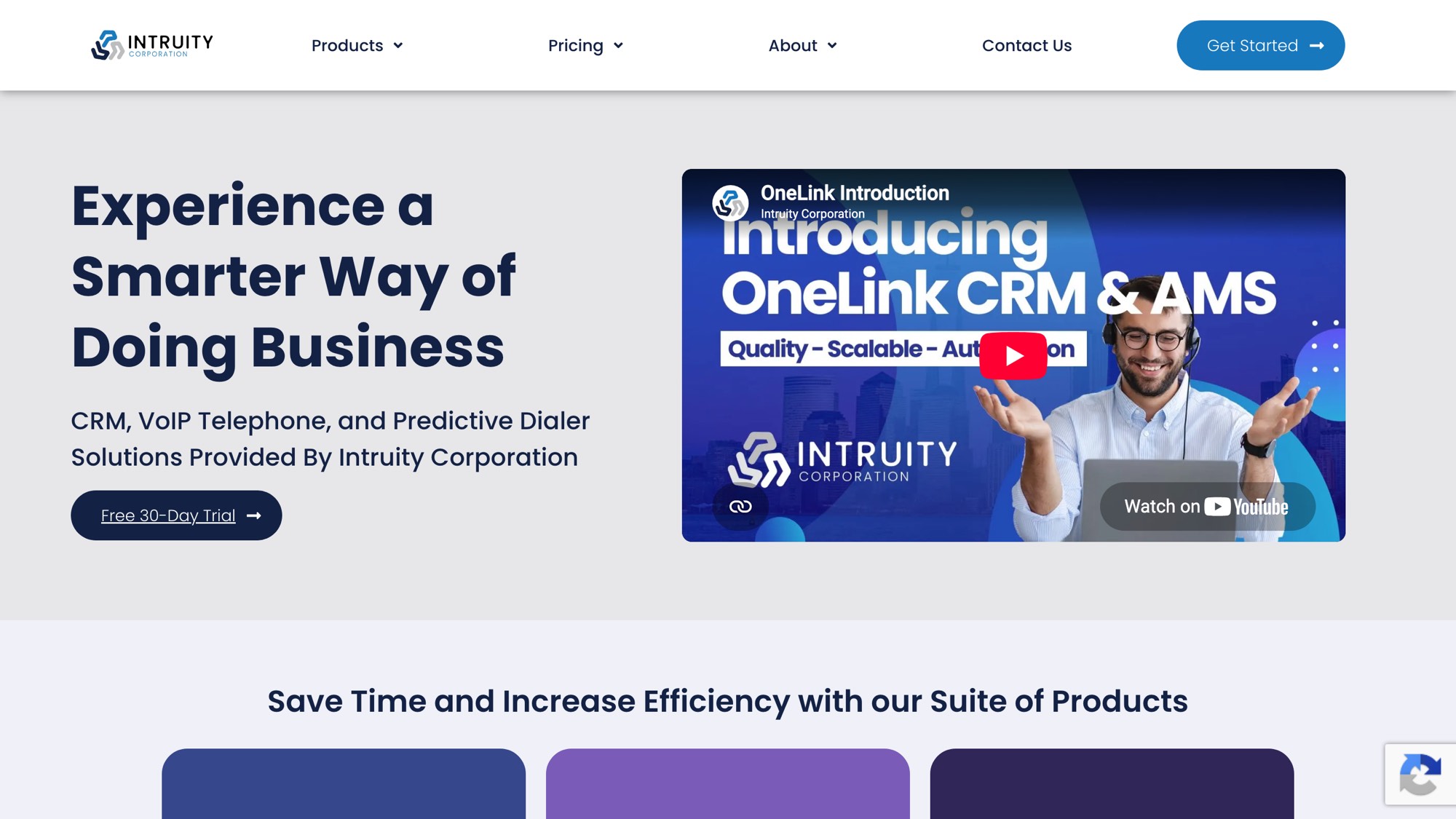 The Intruity Corporation website, with the OneLink introduction video in the hero