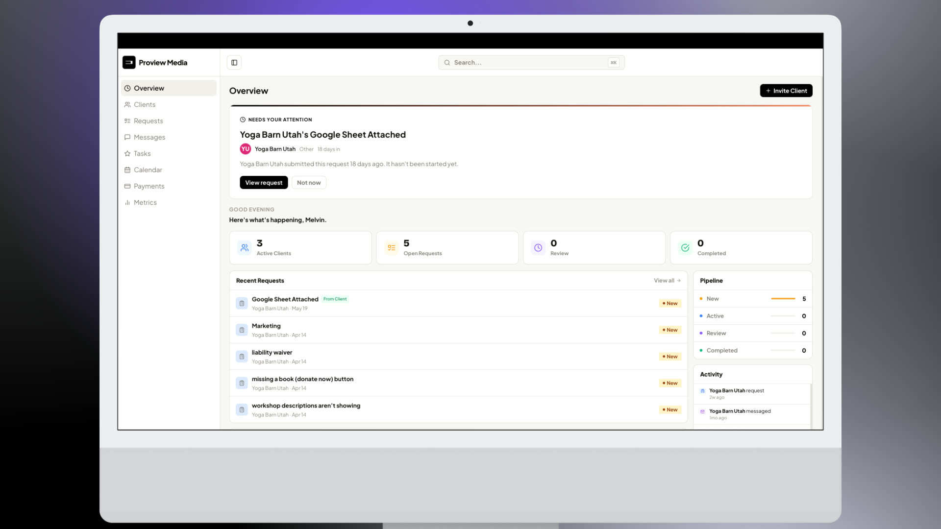 Marcavo client management dashboard on a desktop display