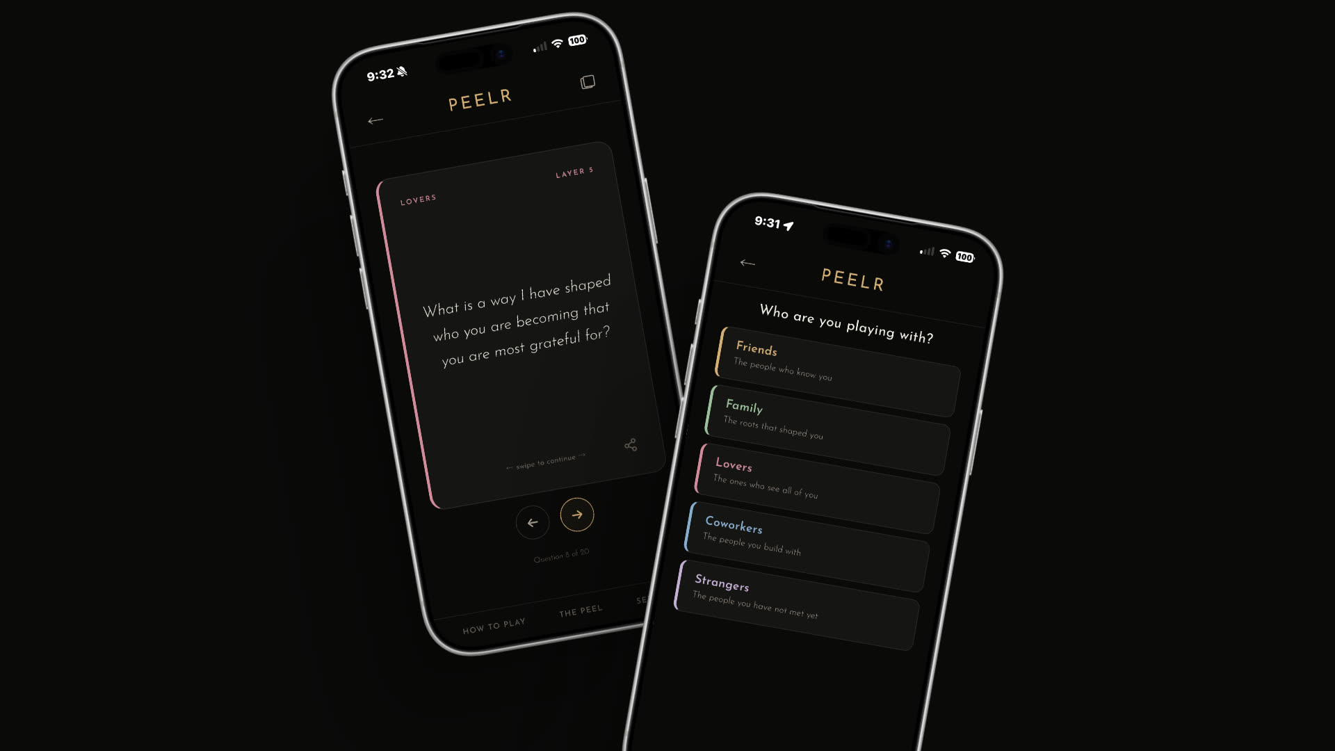 Peelr conversation card game on two phones